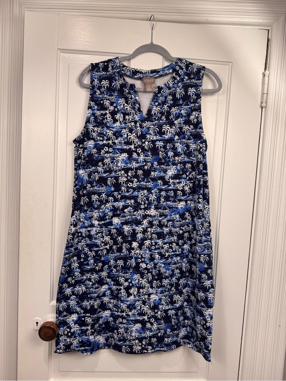 Chico's Navy and White Palm-Print Sleeveless Shift Dress